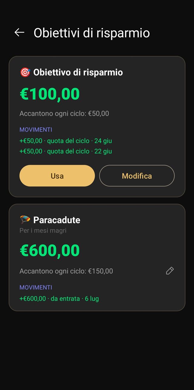 Obiettivi di risparmio in uRekoin: un obiettivo da 100 euro con quota per ciclo e la busta Paracadute per i mesi magri, con lo storico dei movimenti