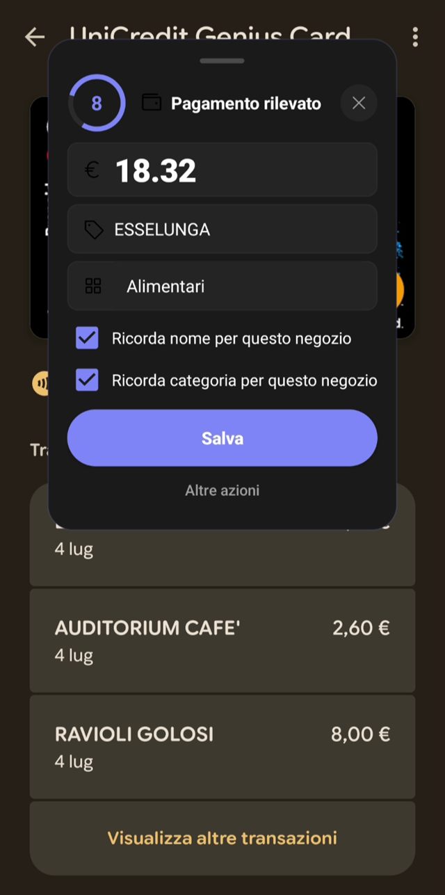 Popup di uRekoin che rileva un pagamento dalla notifica della banca: 18,32 euro da Esselunga, categoria Alimentari, con l'opzione di ricordare nome e categoria per il negozio