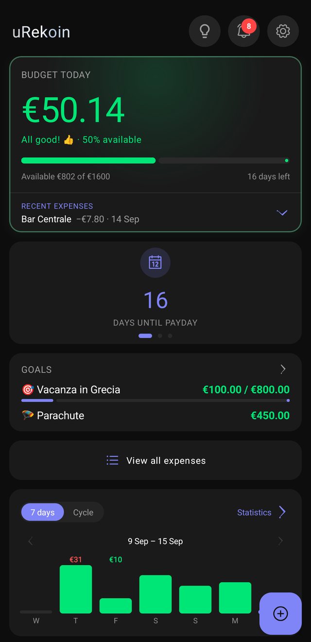 uRekoin with the dark Obscural theme: today’s budget, days to payday, goals and weekly chart