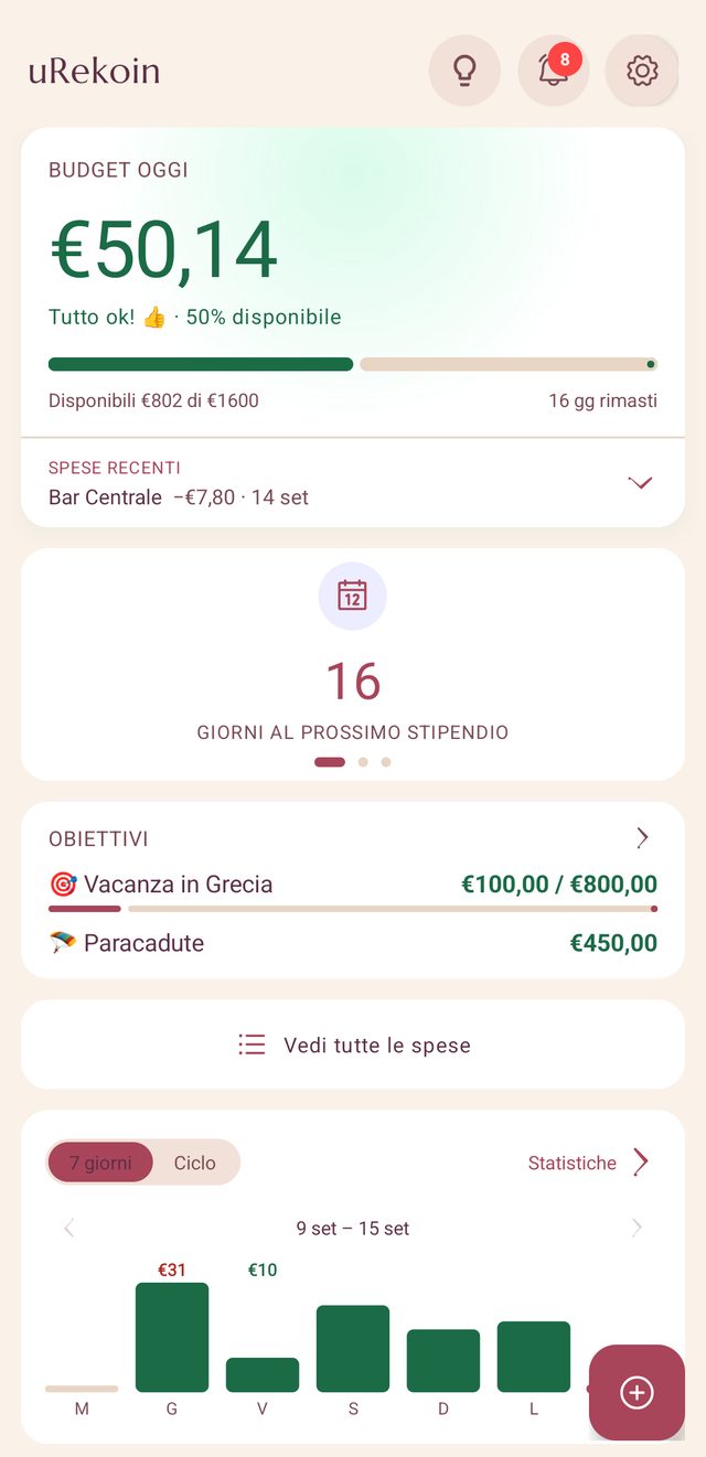 uRekoin con il tema chiaro Petal, color crema con accenti prugna